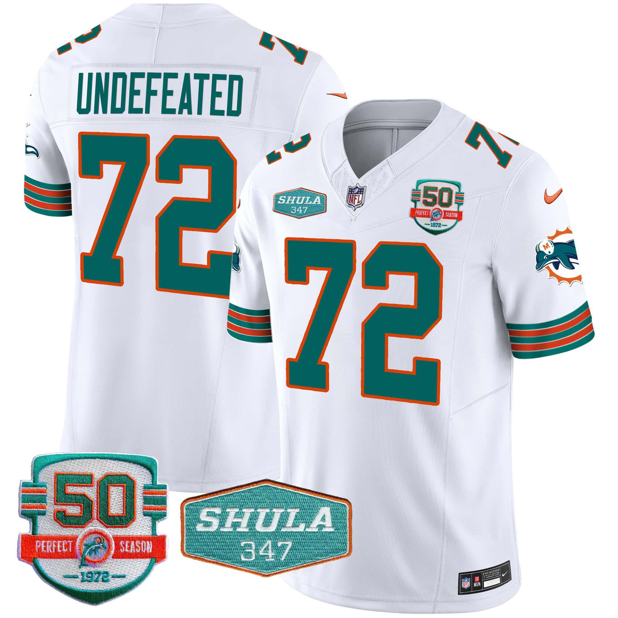 Men Miami Dolphins #72 Undefeated White 2024 Nike Throwback Shula 347 Patch Vapor NFL Jersey